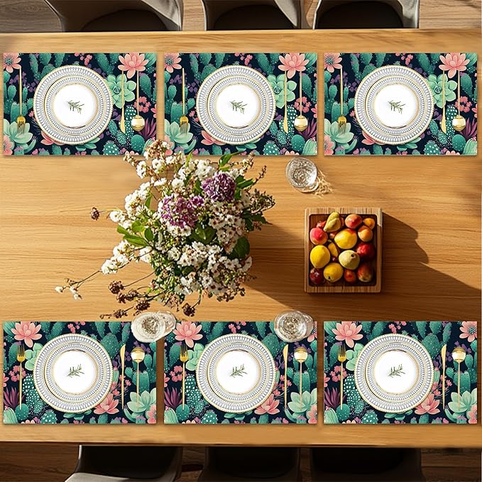 Placemats Set of 6,Cactus Flowers Table Mats,Tropical Succulent Washable Linen Table Mats,Non-Slip Heat Resistant Placemats for Party Kitchen Dining Indoor Outdoor 12"x18"