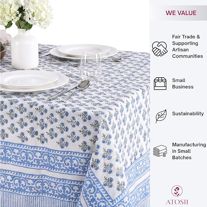 ATOSII Gulbahar Blue 100% Cotton Fall Rectangle Tablecloth, Handblock Print Floral Table Cloth for Kitchen Dining Linen I Thanksgiving Christmas Weddings Outdoors I 72 X 140 Inches I 12 Seater