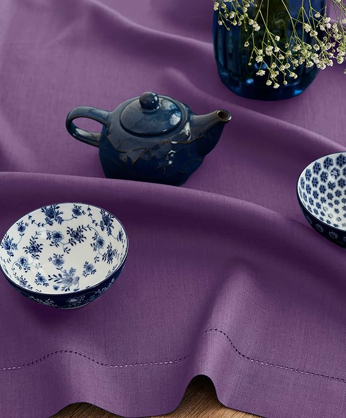 Solino Home Square Linen Tablecloth 52 x 52 Inch - 100% Pure Linen Purple Table Throw - Classic Hemstitch, Machine Washable Table Cloth for Valentines, Spring, Easter