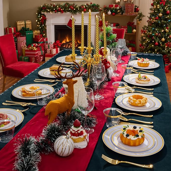 150 PCS Gold Disposable Dinnerware Set for 25 Guests, Gold and White Plastic Plates for Party, 25 Dinner & Salad Plates, 25 Cups, 25 Forks Knives Spoons for Wedding and Party Supplies