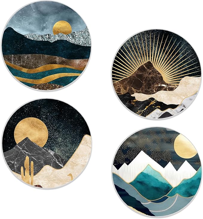 Drinks Coasters Set of 4, Golden Mountain Moon Round 4" Cup Coasters, Absorbent Ceramic Stone Coasters with Cork Base, Cute Coasters for Table Home Décor, Ideal Gifts for Women Men