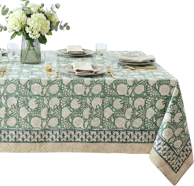 ATOSII Jade 100% Cotton Boho Square Summer Tablecloth, Block Print Floral Table Cloth Linen for Dining, Parties, Weddings, Outdoors Table Decor I 60 X 60 Inches I 4 Seater I