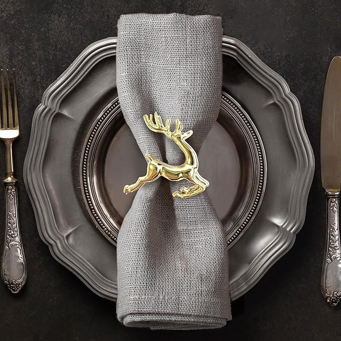 Decozen Set of 12 Gold Napkin Rings in Stag Design Festive Table Decor Setting for Holiday Wedding, Birthday, Kitchen, Home Decor Housewarming Gift - Thanksgiving & Christmas Gift Decoration