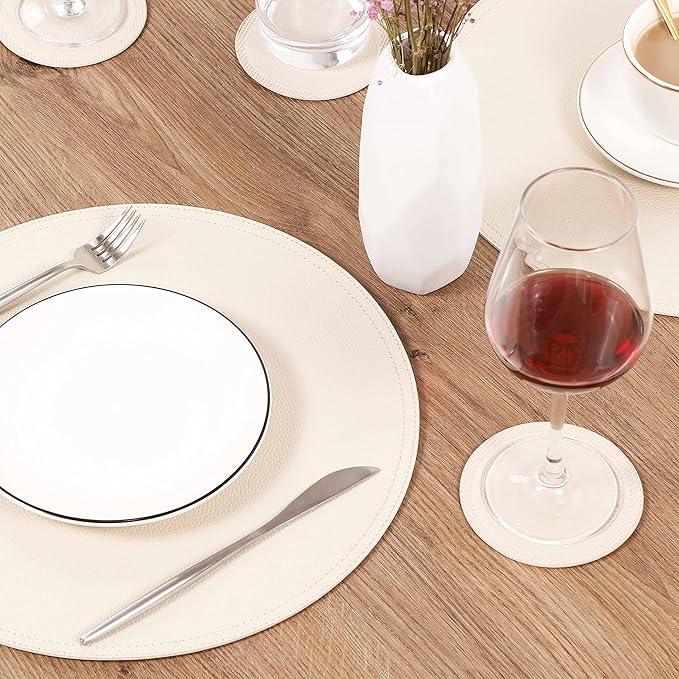 Set of 6 Faux Leather Round Placemats and Coasters, Coffee Mats Kitchen Table Mats, Waterproof, Easy to Clean for Kitchen Dining Round Table