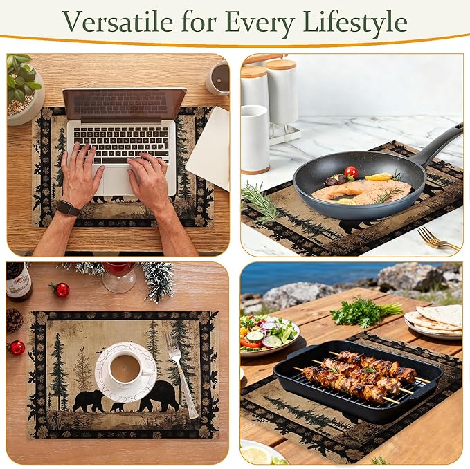 Bear Family Cloth Placemats,Vintage Forest Wildlife Heat-Resistant Table Placemats Set of 6, Washable Linen Place Mats for Dining Room Table Decor Home Restaurant Cafes Holiday Party 11.8x17.7 Inch
