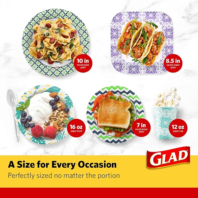 Glad Disposable Paper Bowls With Blue Mosaic Design, 16 Ounces, Soak Proof, Cut-proof, Microwaveable, 300 Count