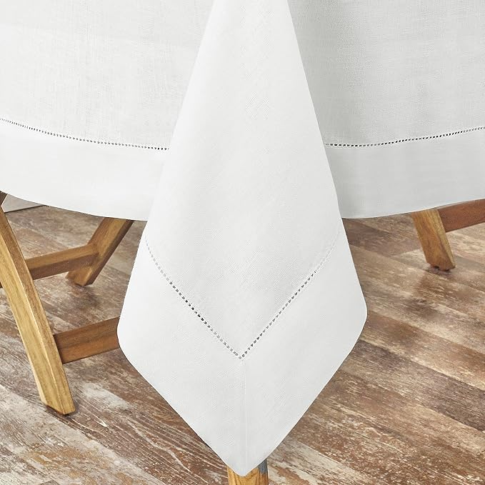 D'Moksha Homes White Linen Tablecloth 60 x 108 Inch - 100% Pure Linen White Table Cloth for Rectangle Tables - Classic Hemstitch, Machine Washable Tablecloth for Valentines, Spring, Easter
