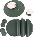 Jovono Faux Leather Round Placemats and Coasters, Wipeable Table Mats, Easy to Clean, Double Stitched for Kitchen Dining Table, Party, Restaurant, Diameter 13'' and 3.9'', Green