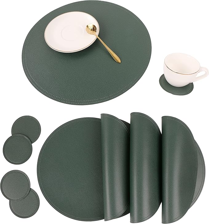 Set of 6 Faux Leather Round Placemats and Coasters, Disko Table Mats and Drink Spills Coasters, Easy to Clean, Double Stitched for Kitchen Dining Table, Diameter 13'' and 3.9''