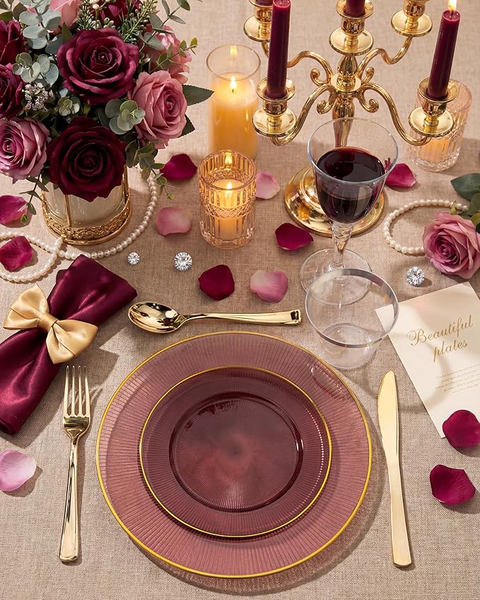 Hioasis 60pcs Burgundy and Gold Plastic Plates - Burgundy Disposable Dinnerware Set, 30pcs Dinner 10.25in & 30pcs Dessert 7.5in Plates with Striped Designs for Party & Wedding