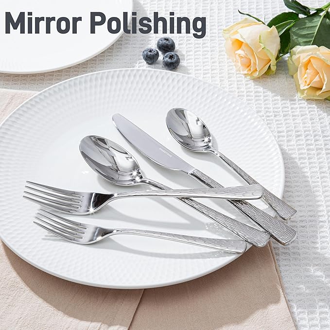 KINGSTONE Hammered Silverware Set, 20-Piece Flatware Set, 18/10 Stainless Steel Premium Cutlery with Unique Ripple Handles Design Mirror Polished - Dishwasher Safe