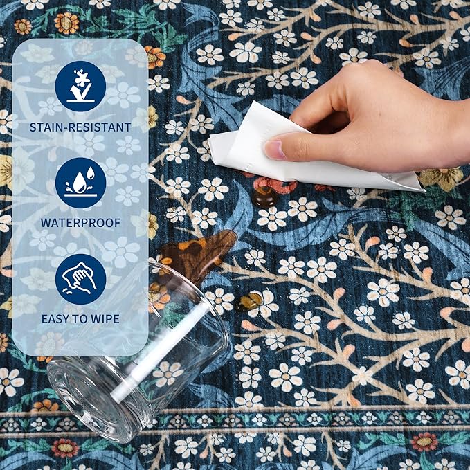 GarveeHome Floral Hallway Runner Rug Non-Slip, 2.5x10 Washable Rugs Ultra-Thin Soft Rug for Hallways, Kitchen Mat Stain Resistant Carpet for Entryway Bathroom, Dark Blue