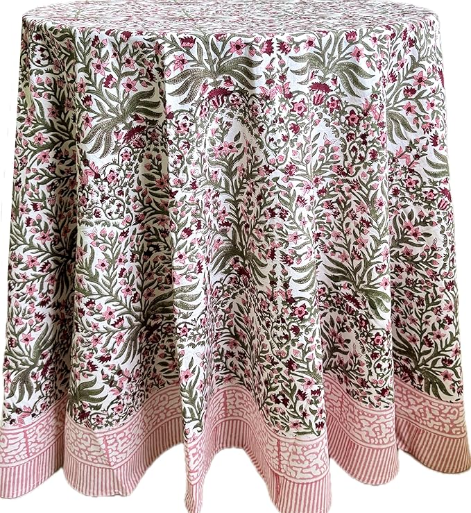 ATOSII Nargis Pink 100% Cotton Round Block Print Summer Tablecloth, Floral Table Cloth Linen for Dining Parties Weddings Outdoors Holidays I 60" Inches Round, 4 Seater I Grandmillennial Farmhouse Boho