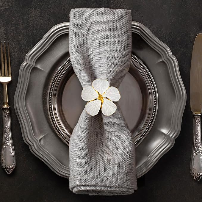 Decozen White Gold Napkin Rings Set of 12 White Gold Napkin Rings in Floral Design Festive Table Decor Setting for Holiday Wedding Birthday Kitchen Home Decor Housewarming Gift