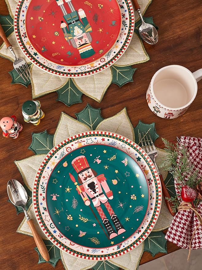 Bico Christmas Soldier Salad Plates Set of 4, 8.75 Inch Ceramic Dessert Plates for Salad, Appetizer, Side Dishes, Microwave and Dishwasher Safe, Gift for Housewarming and Christmas