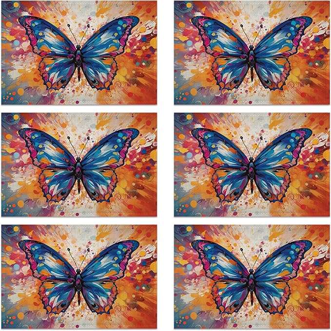 Table Placemats Set of 6, Waterproof Linen Fabric, Non-Slip Backing & Easy Clean, Elegant Dining Table Protectors for Family and Guests(Colorful Butterfly)