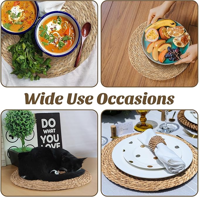Kochorie Set of 6 Round Woven Placemats 15 Inch Bulrush Placemats Natural Handwoven Boho Rattan Wicker Table Mats for Farmhouse & Home Dining