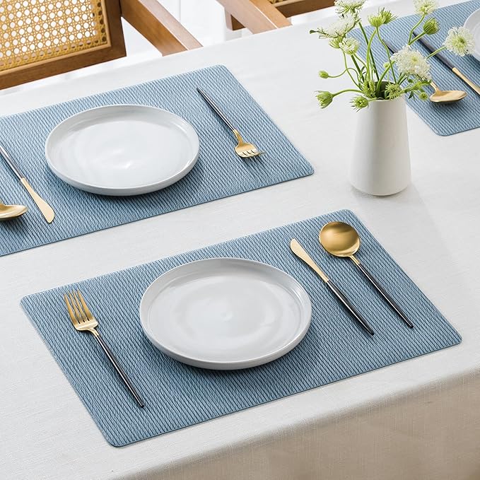 Jovono Faux Leather Placemats Set of 8, Waterproof Washable Table Mats, Easy-Clean Heat Resistant Kitchen Vinyl Place Mat for Dining Table, Restaurant, Indoor, 17.8"x11.8", Light Blue