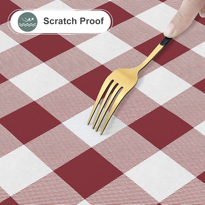 misaya Round Waterproof Vinyl Table Cloth, Buffalo Flannel Backed Tablecloth, Wipeable Plastic Table Cover for Valentine's Day, Dinner, Kitchen, Outdoor (60", Burgundy and White)