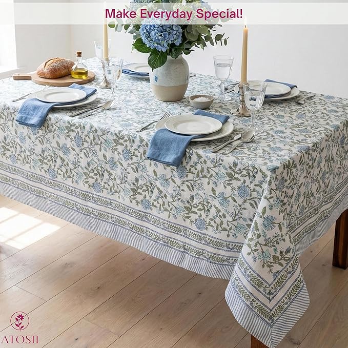 ATOSII Mahoka Blue 100% Cotton Rectangle Summer Tablecloth, Handblock Floral Linen Table Cloth for Kitchen Dining Table I Parties Weddings Outdoors Home Decor 72 X 120 Inches I 10 Seater