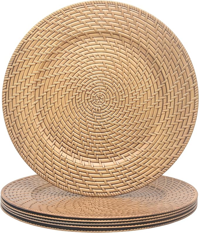13 Inch Antique Gold Charger Plates Set of 6 Round Plastic Plates Matte Finish Faux Rattan Woven Texture Charger plates for Wedding Party Christmas