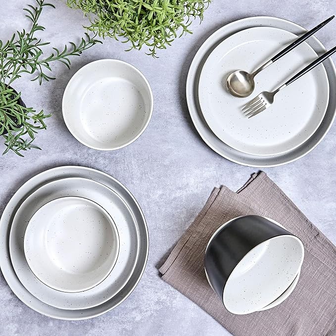 Sango 12-Piece Stoneware Dinnerware Set for 4, Modern White & Black Plates and Bowls Sets with Speckled Glaze, Durable Kitchen Ceramic Dish Set, Microwave & Dishwasher Safe Everyday Dishes, Stockholm