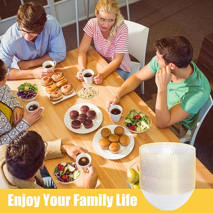 Rubtlamp 20 Pack Clear Disposable Bowls, Clear Plastic Bowls with Gold Rim, 12-16oz Premium Heavy Duty Plastic Dinner Bowls for Party, Wedding and Holiday