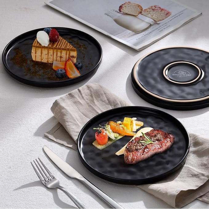 LIANYU Ceramic Dessert Plates Set of 6, 10.2 Inch Dinner Appetizer Plates for Kitchen Dining, Porcelain Round Plate Serving Cake Bread Salad Snack, Microwave & Dishwasher Safe, Obsidian Black