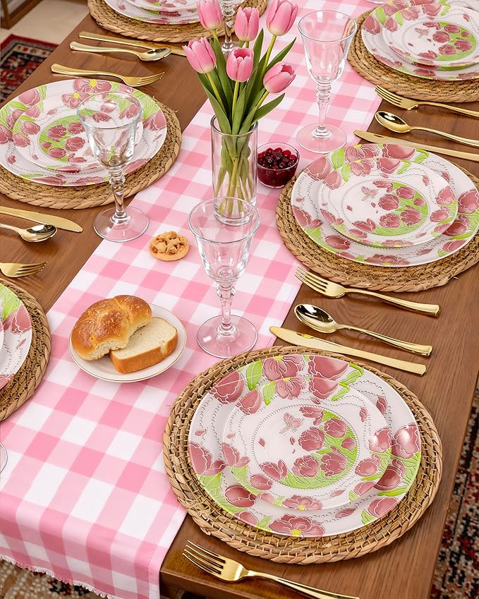 Hioasis 60pcs Plastic Disposable Plates Set - Pink Tulip & Butterfly Pattern with Pearl Trim, 10.25 Dinner & 7.5 Dessert Plates for Wedding,Anniversary,Party and Holiday