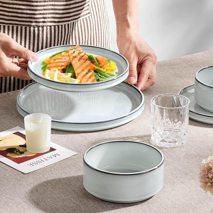 Herogo 12 Pieces Stoneware Dinnerware Set for 4, Ceramic Dinner Dishware Sets for Home Kitchen, Plates and Bowls with Rustic Terracotta Bottom, Dishwasher & Microwave Safe, Icy White