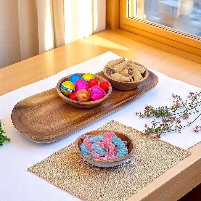 Acacia Wooden Calabash Bowls with Baguette Tray, 4-Piece Set: Three 4.25" Dip Bowls and 13.5" Bread Tray, Rustic Handcrafted Appetizer & Condiment Set