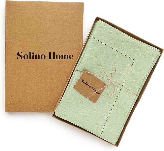 Solino Home Linen Cloth Napkins Set of 6-100% Pure Linen Sage Green Dinner Napkins 20 x 20 Inch for Winter, Spring, Easter, St Patricks Day - Classic Hemstitch, Handcrafted and Machine Washable