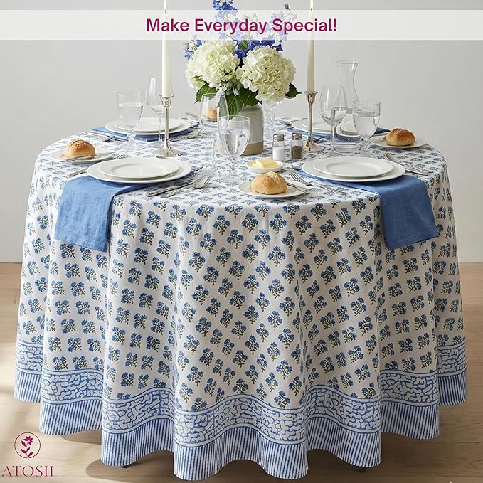 ATOSII Gulbahar Blue 100% Cotton Fall Round Tablecloth, Handblock Print Floral Table Cloth for Kitchen Dining Linen I Thanksgiving, Christmas, Weddings, Outdoors, Parties I 72" Inches Diameter