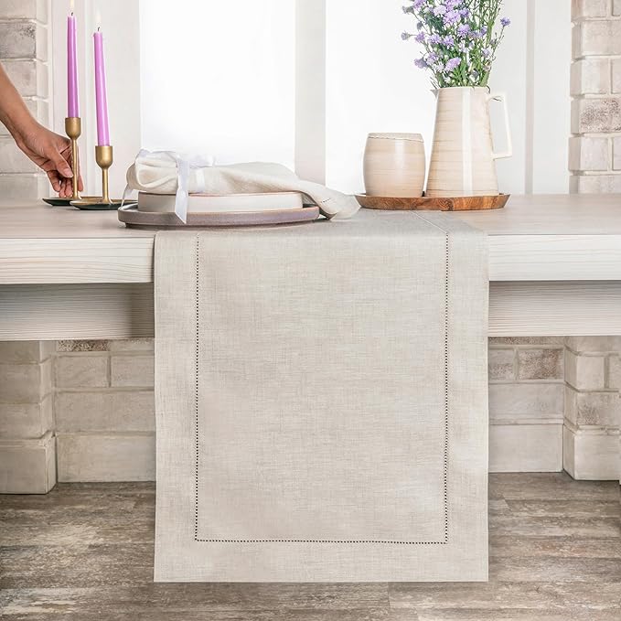 D'Moksha Homes Linen Light Natural Table Runner 120 Inches Long - 100% Pure Linen Hemstitch 14 x 120 Inch Table Runner for Dining, Valentines, Spring, Easter - Classic Hemstitch