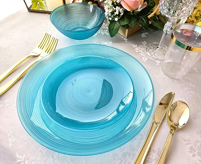 " OCCASIONS " 240 Plates Pack,(120 Guests) Premium Wedding Party Disposable Plastic Plates Set -120 x 10'' Dinner + 120 x 7'' Salad/Dessert (Belize, Aqua)
