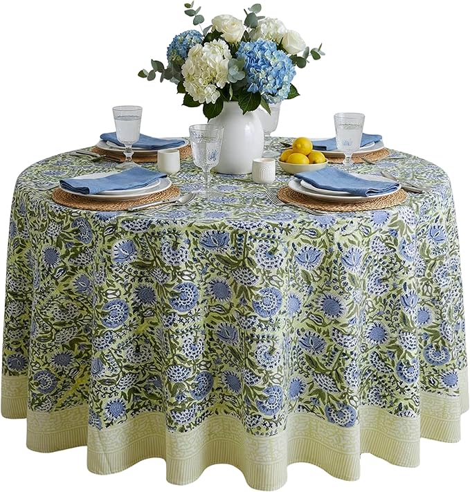 ATOSII Amara 100% Cotton Round Summer Tablecloth, Handblock Print Floral Table Cloth for Kitchen Dining Linen I Parties, Weddings, Outdoors I Grand Millennial Farmhouse Home Decor 72" Inches Round