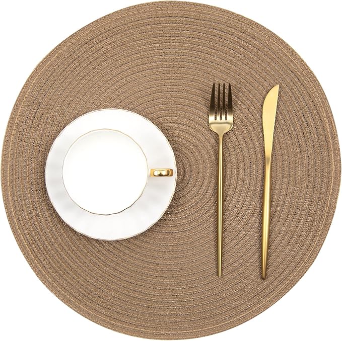 SHACOS Round Braided Placemats Set of 8 Washable 15 inch Round Table Mats Woven Place Mats for Dining Table (Brown, 8)