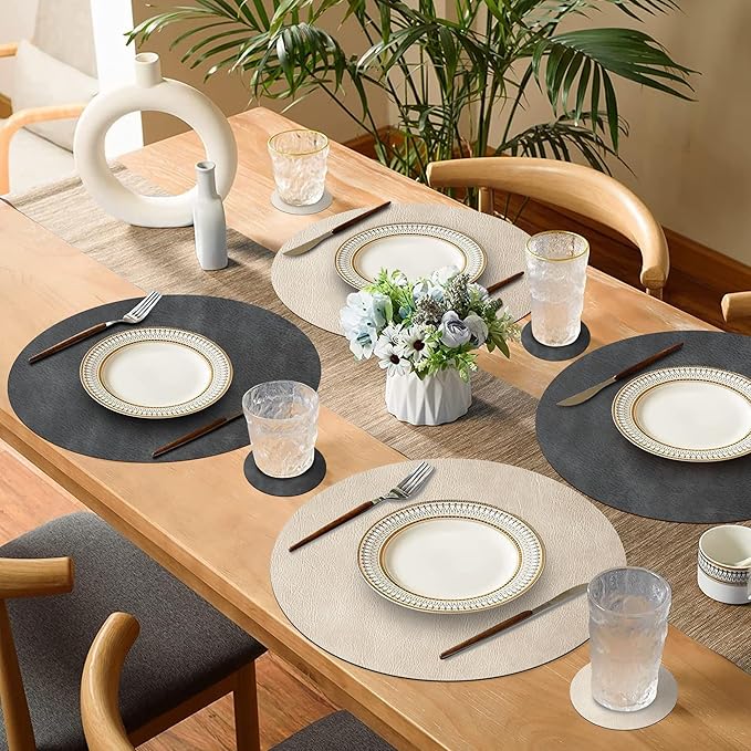 Round Placemats and Coasters Set of 6, Washable Reversible Faux Leather Placemats Cowhide Pattern Place Mats Wipeable Non-Slip 15 inch Round Kitchen Dining Table Mats (Gray Beige, 6)