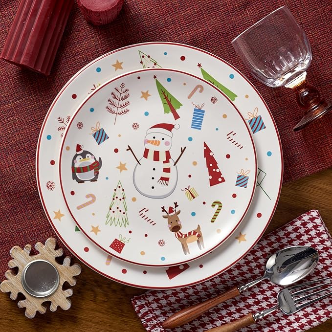 Bico Christmas Merry Crew Salad Plates Set of 4, 8.75 Inch Ceramic Dessert Plates for Salad, Appetizer, Side Dishes, Microwave and Dishwasher Safe, Gift for Housewarming and Christmas