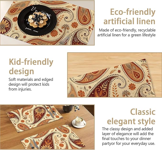 Placemats, Indian Vintage Paisley Pattern Brown Placemats 12x18 Inch Waterproof Non-Slip Washable Table Mats for Kitchen Dining Party Table Decor,Set of 6