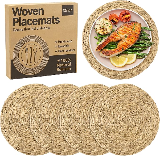 Elcoho 4 Pieces Round Woven Placemats 12 Inch Boho Rattan Placemats Farmhouse Braided Place Mats Woven Plate Chargers Rustic Wicker Table Mats for Dining Table