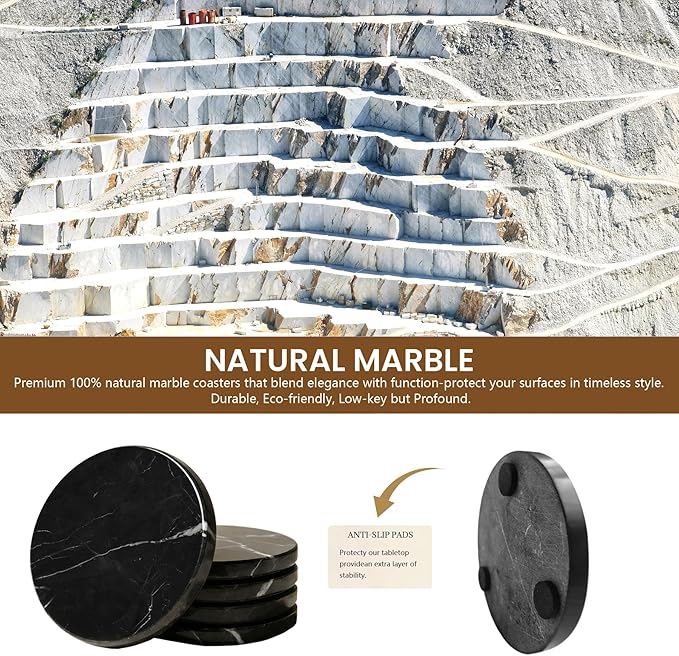 Natural Marble Coasters, Round Costers, Luxury Aesthetic Modern Decor for Coffee Table Bar Kitchen Home, Black Marble, Real Natural Semi Absorbent Stone Coasters
