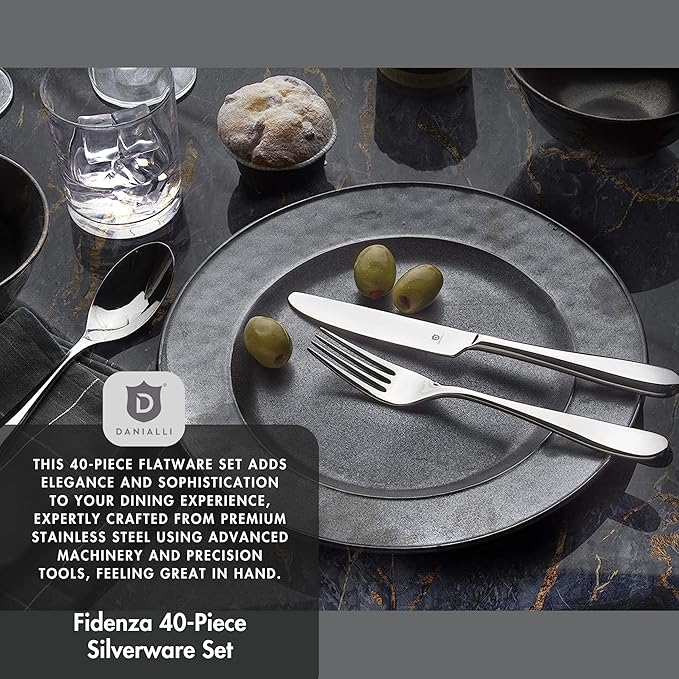 Silverware Set for 8 – 18/10 Stainless Steel Flatware, Mirror Polished, Dishwasher Safe, Heavy-Duty, Rust Resistant, Elegant Tableware (40-Piece Set, Fidenza)