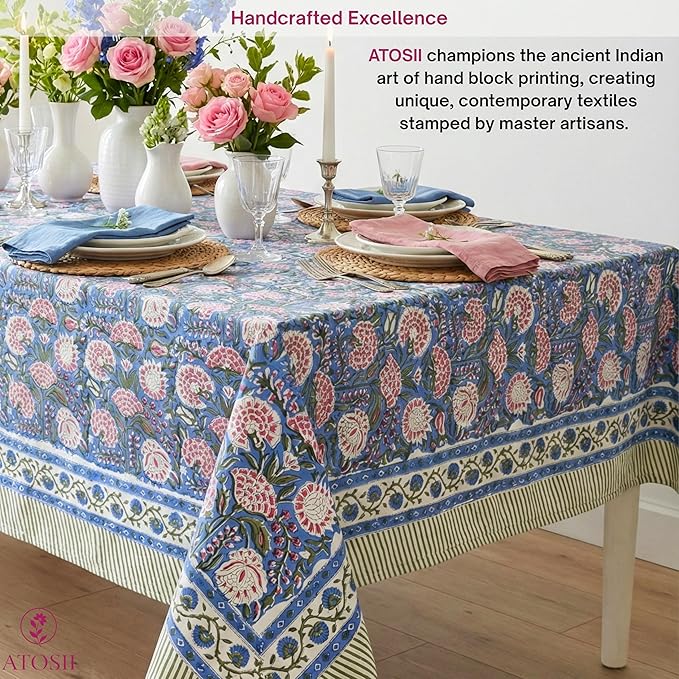 ATOSII Clover Pink 100% Cotton Square Boho Fall Tablecloth, Handblock Floral Table Cloth Linen for Kitchen Dining I Parties Wedding Outdoors Picnic Easter I Home Decor 60 X 60 Inches I 4 Seater