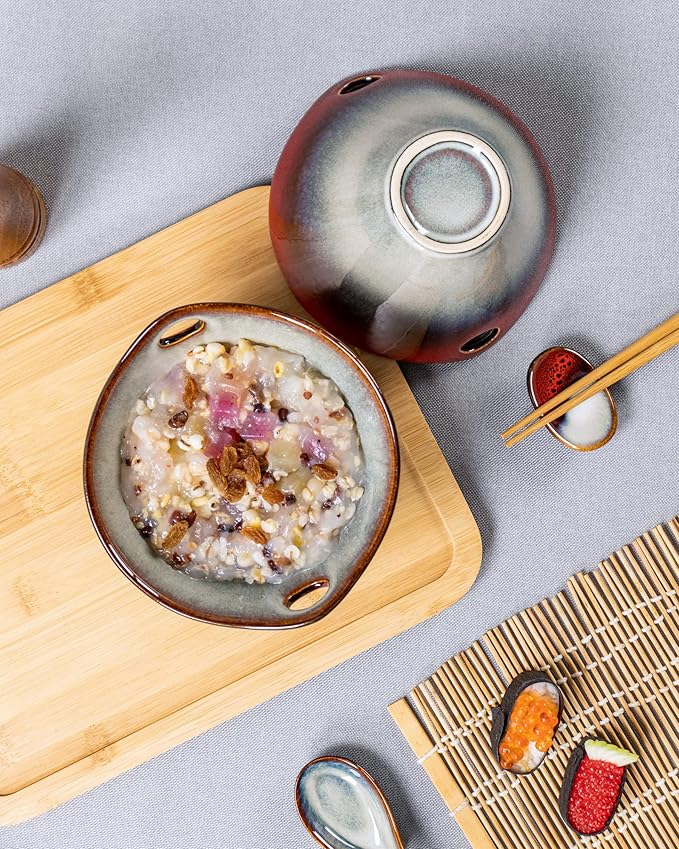 HENXFEN LEAD Japanese Ramen Bowls Set of 2 - Deep Ceramic Noodle Bowls with Spoons, Chopsticks and Holder, 20 Oz Serving Bowls for Pho, Udon, Soup - Reactive Red