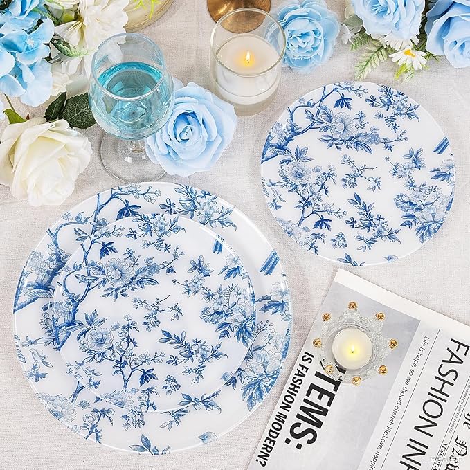 EI 60pcs Blue Plastic Plates Disposable Heavy Duty,Blue and White Floral Disposable Plates,10.25" Dinner & 7.5" Dessert Plate,Natural Fresh and Elegant Decorations for Birthdays/Tea Party/Wedding