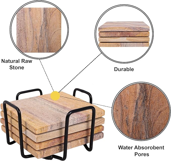 Sandstone Water Absorbent Hand Crafted Square Coasters for Drinks - 4 Inches Wide Thirsty Stone Bar/Drink Coasters- Made from Rainbow Sandstone (Set of 4 Without Holder)