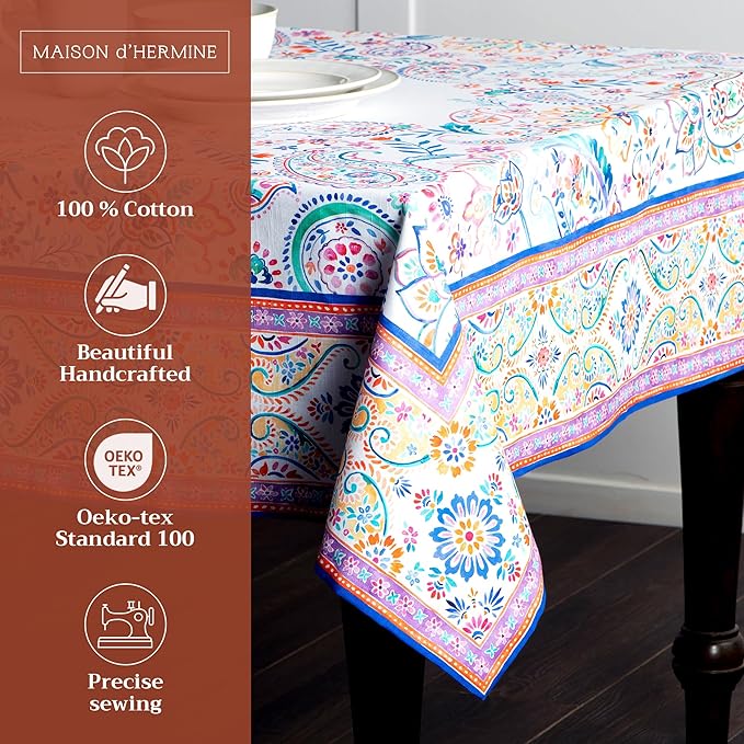 Maison d' Hermine Table Cloth Square Table 100% Cotton 60 x 60 Inches Tablecloth Reusable Decorative for Dining Room Farmhouse Home Valentines Day Decorations Spring Summer - Indian Floral