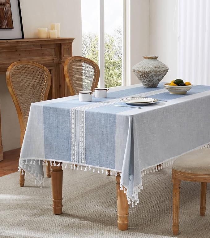 ZeeMart Contrast Linen Table Cloth Rectangle Table Cloths 60x104 Inch Mid-Stripe Blue, Farmhouse Style Heavy Weight Dusty Blue Tablecloth, Water Resistant Burlap Tablecloths