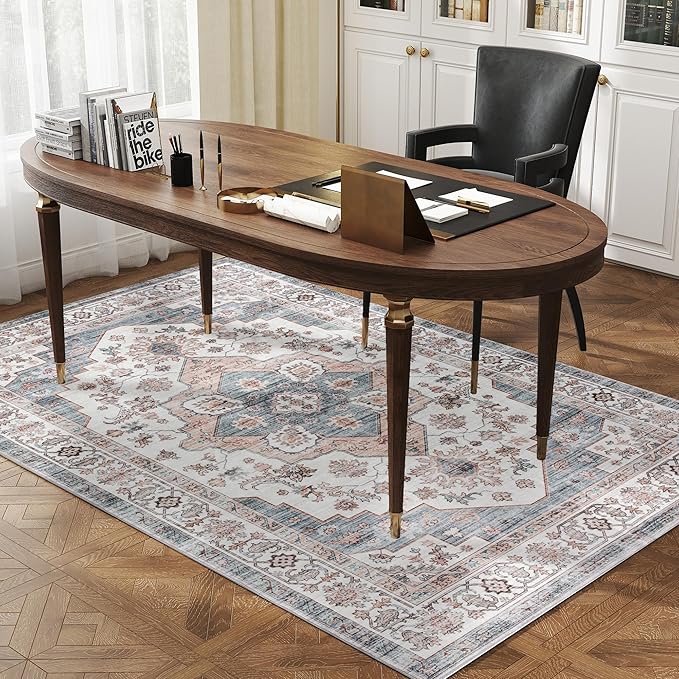 HOMCOM Washable Area Rug, 4'x6' Vintage Indoor Distressed Carpet, Retro Floor Cover Foldable, Floral Print Mat for Living Room, Bedroom, Dining Room, Brown and Light Blue